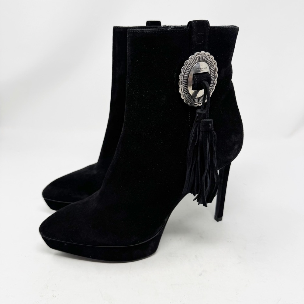 Saint Laurent Janis Concho Ankle Boots Size 37 Black Suede Platform Tassel - Picture 2 of 12